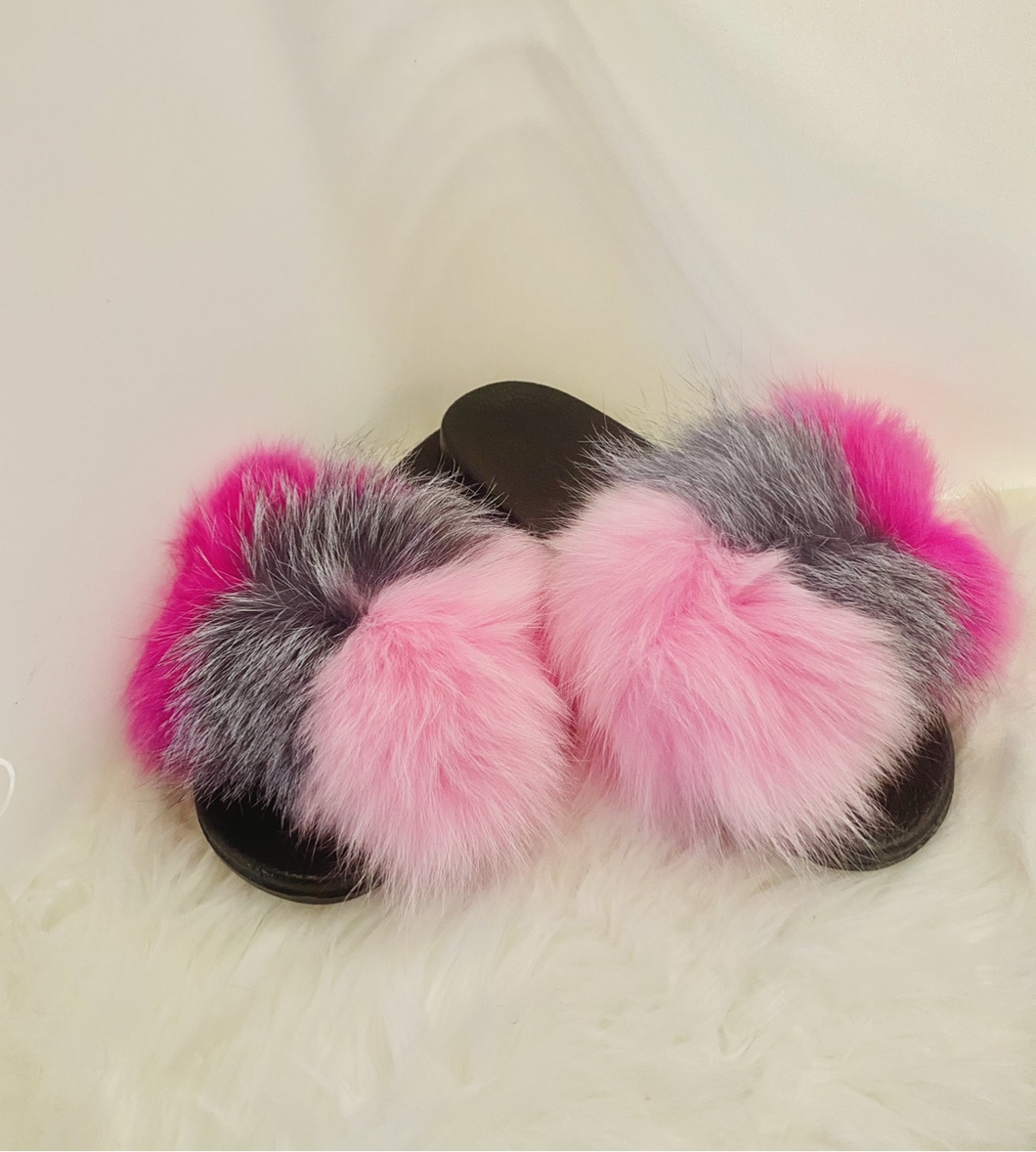 Pink/Grey Fur Slides